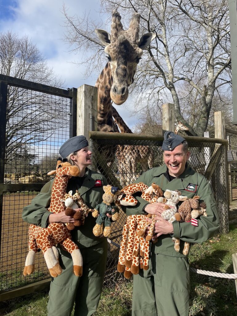 Flight of the Giraffes with Century inspecting the toy giraffes which will be onboard the Voyager flight in April 