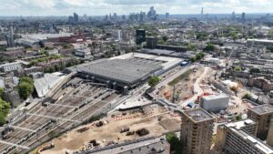 An aerial still of the HS2 Euston Station site, August 2022