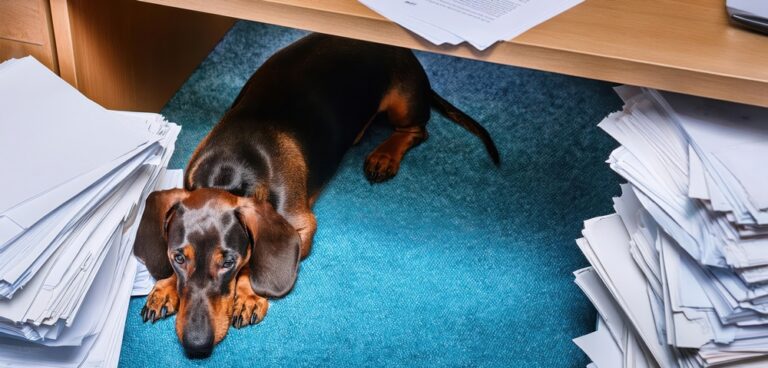 dog under desk in office