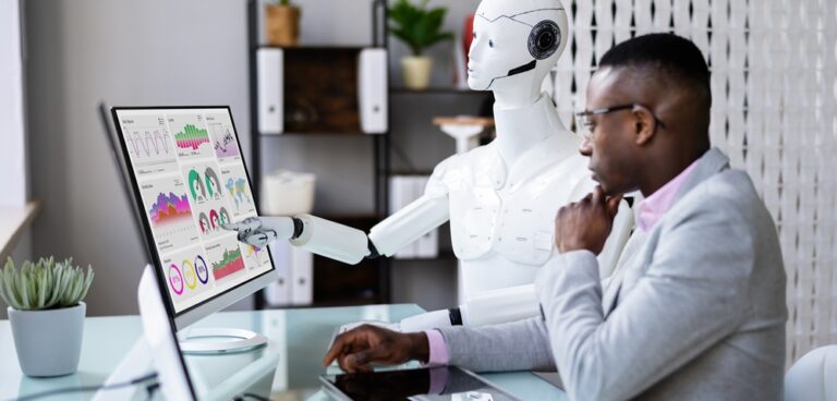 AI for SMEs: Marketing Leaders Can Drive Competitive Advantage AI Humanoid Advisor Robot Looking At KPI Data Dashboard