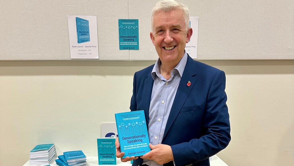 Alastair Greener with his new book Generationally Speaking – How to Bridge the Generation Gap and Communicate with Confidence at his book launch.