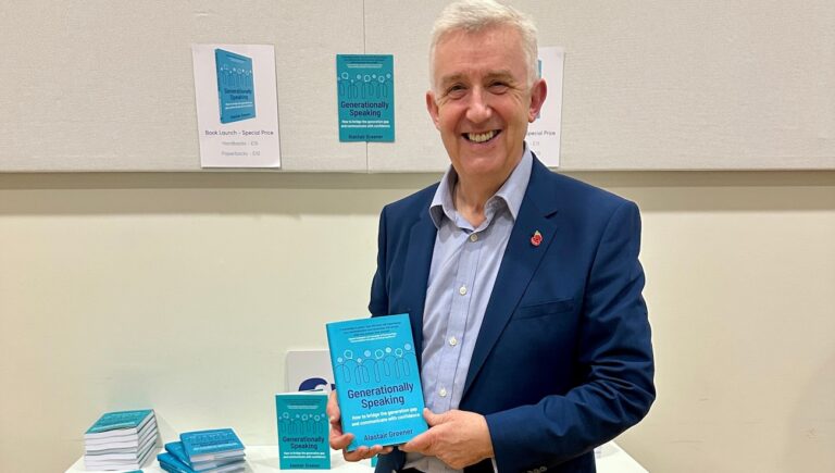 Alastair Greener with his new book Generationally Speaking – How to Bridge the Generation Gap and Communicate with Confidence at his book launch.
