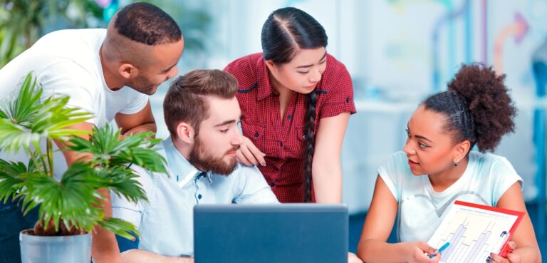 multinational team in office