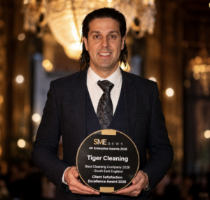 Alex Williams with Tiger Cleaning’s UK Enterprise Awards 2026 double-honour award.